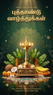 Happy Tamil New Year greeting with auspicious symbols including a golden lamp, banana, coconut, and marigold flowers on a decorative background