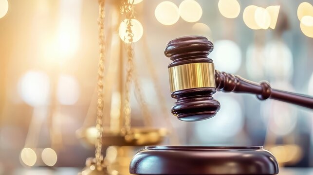 Judicial Gavel and Scales of Justice symbolising law and legal proceedings against a softly lit background