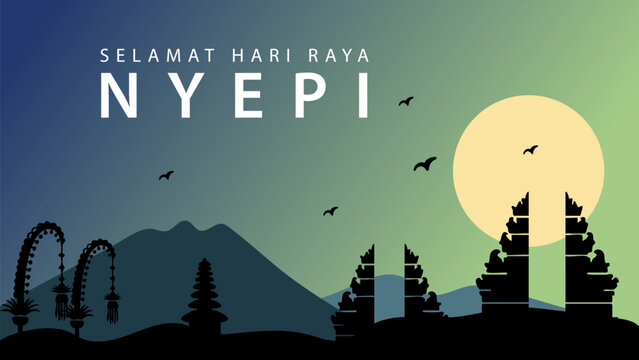 Nyepi Day Balinese Holiday Indonesia Greeting with Mountains and Temple Gate Landscape.
