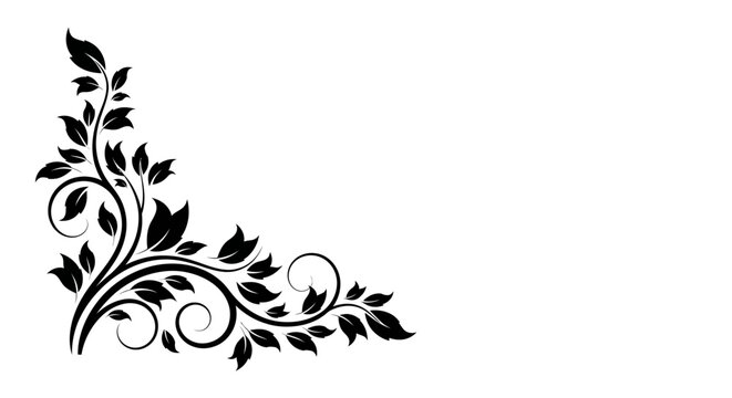 Elegant black floral corner design with swirling leaves and decorative tendrils on a white background.
