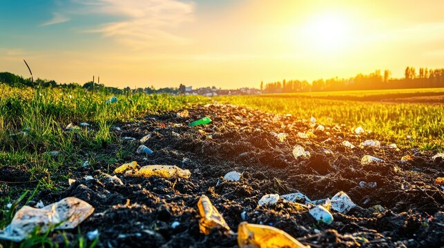 Plastic debris pollutes agricultural soil under a bright sky, highlighting environmental contamination issues.