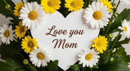 Obraz premium Happy mother's day bouquet of white and yellow daisies with heartfelt love message