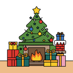 Fototapeta premium Christmas tree with fireplace and gift boxes, festive holiday illustration