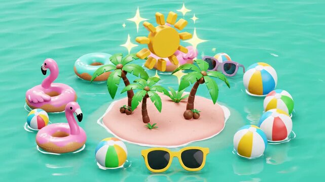 Cartoon summer island paradise with palm trees,sunglasses,sun,and flamingo floats in a turquoise sea
