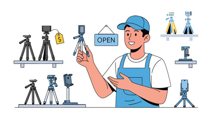 Shopkeeper with Tripod: A helpful shopkeeper stands proudly in front of a diverse array of tripods. The scene captures his dedication to his craft. © hafs121