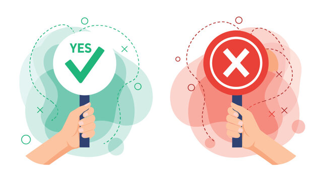 Hands holding up a green yes check mark sign and a red no cross sign for decision making and voting concept for feedback.