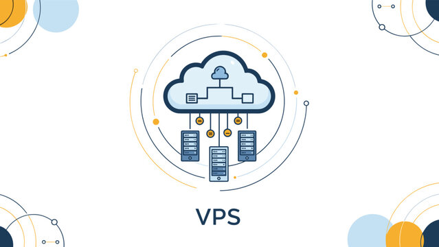 VPS cloud icon with connected server and device nodes inside a circular frame represents virtual private server technology.