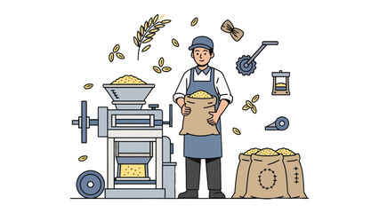 Artisan Milling: An artisan stands proudly beside traditional milling equipment, showcasing the craft of flour production and the bounty of the harvest. © mstmahmuda