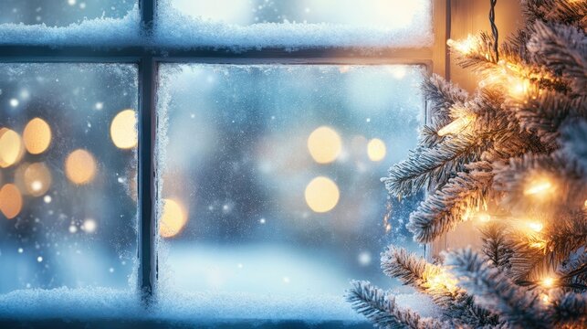 Warm Christmas Lights Adorn Frosted Windowpane with Snowfall and Festive Tree Branch Inside