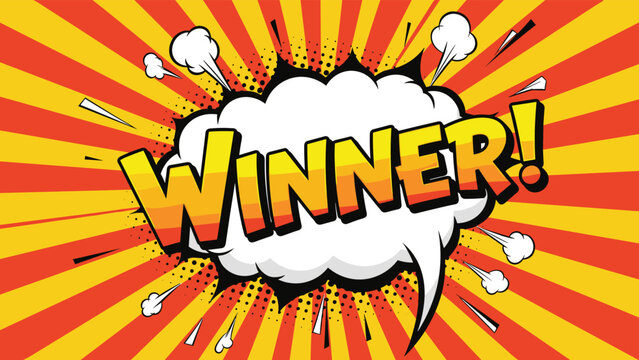Comic book style explosion with the word winner in yellow and orange letters celebrates victory, success, and achievement.