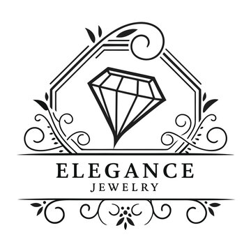 Elegant diamond jewelry logo vintage frame black and white with precious stone