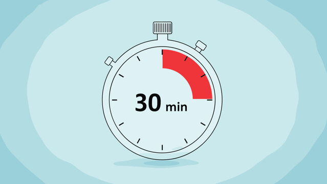 Simple stopwatch illustration indicating a thirty minute time interval with a red highlight on a blue background.