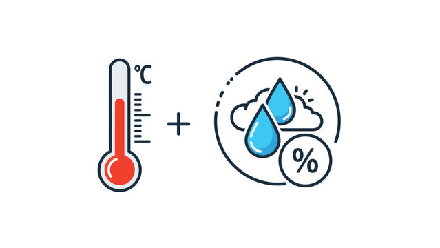 Weather forecasting icons showing a red thermometer next to water droplets representing temperature and humidity levels.