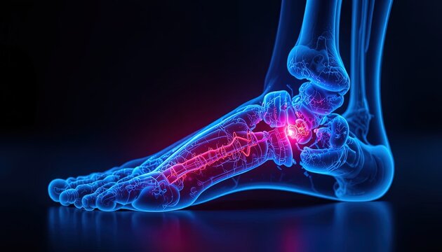 Foot and Ankle X-Ray Illustration with Inflammation Highlighted in Red, Detailed View