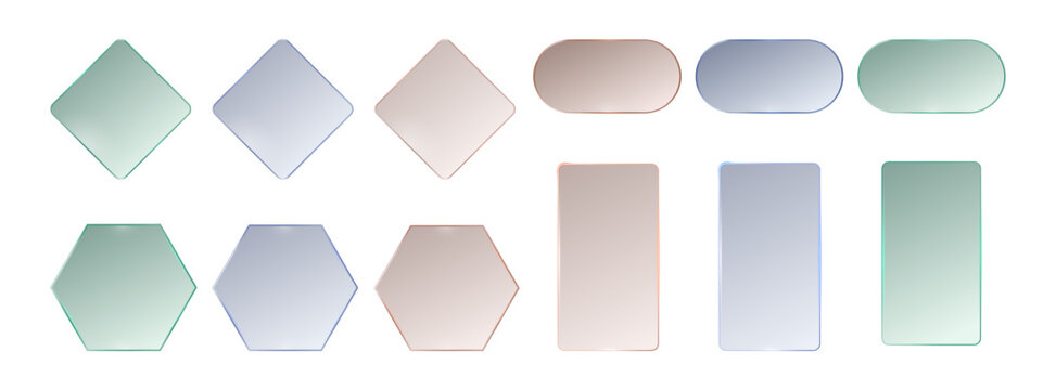 Transparent glass geometric shapes set. Vector isolated square and rectangle, hexagon and oval compositions with light reflection. Modern abstract design with clean structure and minimal style