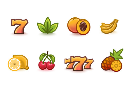Set of casino slot machine icons. Vector illustration with lucky sevens, cherries, lemon and banana, symbol of gambling and jackpot.