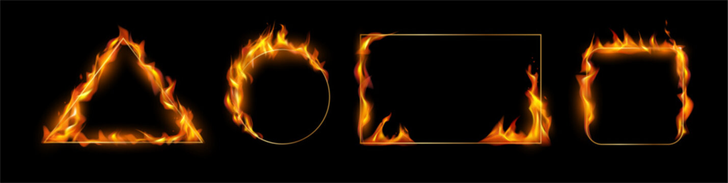 Borders with flames of fire. Vector realistic set of burning geometric frames. Triangle and circle, corner decor and square. Bonfire flashing design. Modern shapes with empty copy space