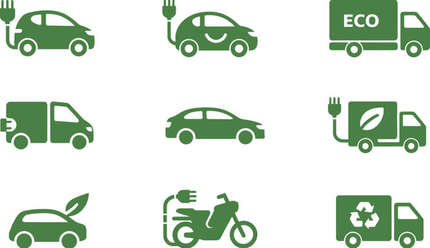 Green electric vehicle and delivery truck icons, outline and solid styles, vector symbols for plug-in cars, eco-friendly transportation, leaf signs, and recycling logistics.