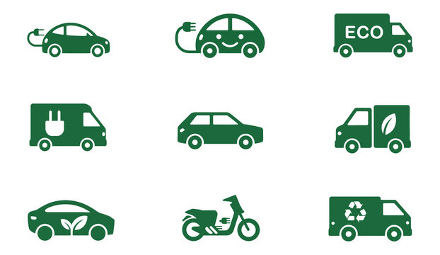 Green electric vehicle and delivery truck icons, outline and solid styles, vector symbols for plug-in cars, eco-friendly transportation, leaf signs, and recycling logistics.