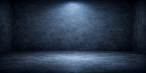 An empty dark interior room featuring a blue grunge concrete wall and vintage gray cement floor texture with a blank black stone backdrop design © RABBANU