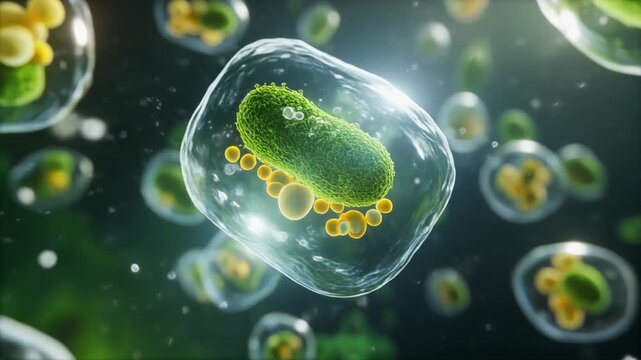 Cellular Photosynthesis Concept. Plant Cells & Micro-Nature (Scientific Visualization). Science Storytelling. conceptual plant cells illustrating photosynthesis inside translucent structures
