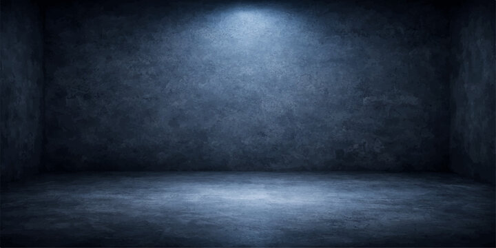 An empty dark interior room featuring a blue grunge concrete wall and vintage gray cement floor texture with a blank black stone backdrop design
