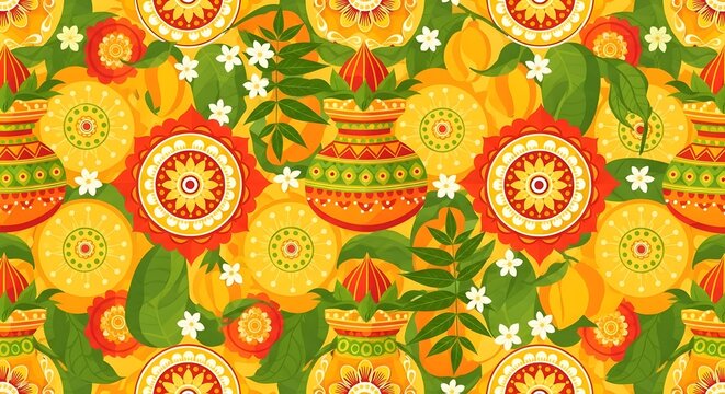 Vibrant traditional rangoli and diya patterns on festive fabric backdrop