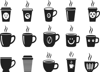 Obraz premium Coffee cup icon collection vector, hot drink symbols with steam, takeaway cups, and mugs with patterns, on white