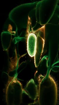 Chloroplast Energy Flow. Plant Cells & Micro-Nature (Scientific Visualization). Biotech Education. chloroplast structures absorbing light energy inside a plant cell, set in abstract microscopic space
