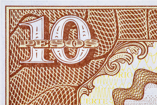 10 Pesos Cuba with a fragment of a banknote for designers. Paper money Cuba.