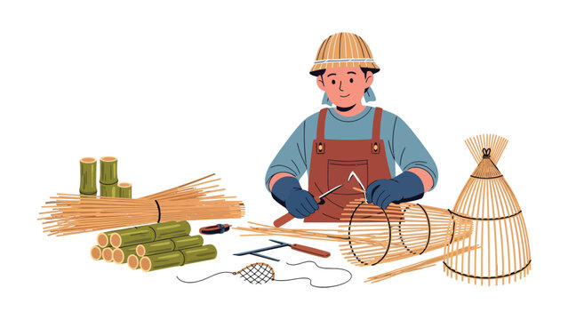 Bamboo Crafting: A skilled artisan meticulously crafts a bamboo fish trap, embodying traditional craftsmanship and sustainable practices.