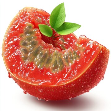 Juicy red guava slice glistens with water droplets and green leaves on a bright backdrop