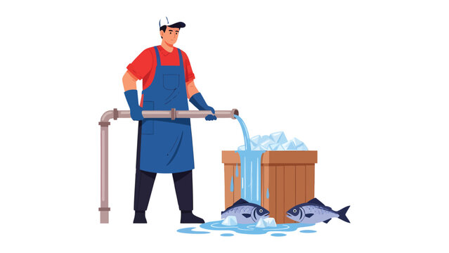 Fish Processing Scene: An illustration depicts a worker engaged in the processing of fresh fish, with water and ice being used.