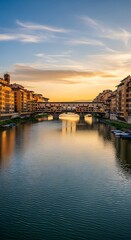 Obraz premium Florence Italy Ponte Vecchio Bridge Sunset River Reflection.