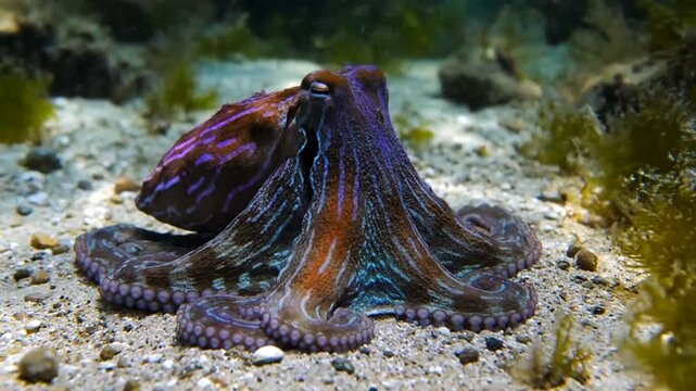 Octopus crawling on sandy ocean floor with seaweed nearby underwater