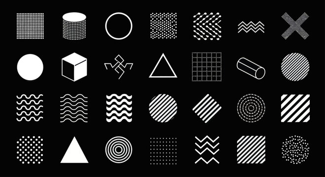 Collection of Geometric Shapes and Patterns on Black Background.