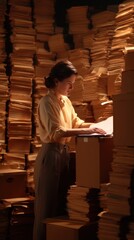 Fototapeta premium A woman stands beside a stack of documents, absorbed in reading under soft warm lighting