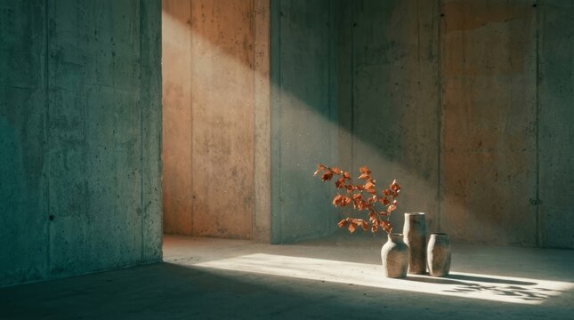 Wabi-Sabi Still Life with Ceramic Vases and Dry Leaves in a Minimalist Concrete Space Illuminated by a Dramatic Sunbeam
