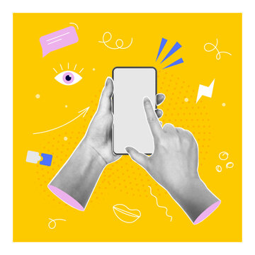 3D halftone hands holding smartphone. Vector pop art style collage with playful icons and doodles. Mobile app promotion or tech banners, digital communication concepts or creative web design elements