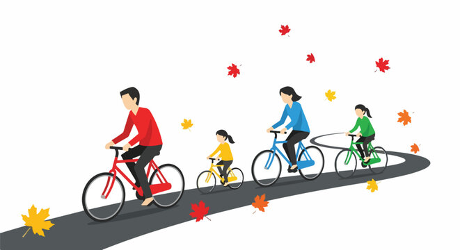Family cycling on a path in autumn with falling leaves, illustration of healthy lifestyle and outdoor activity