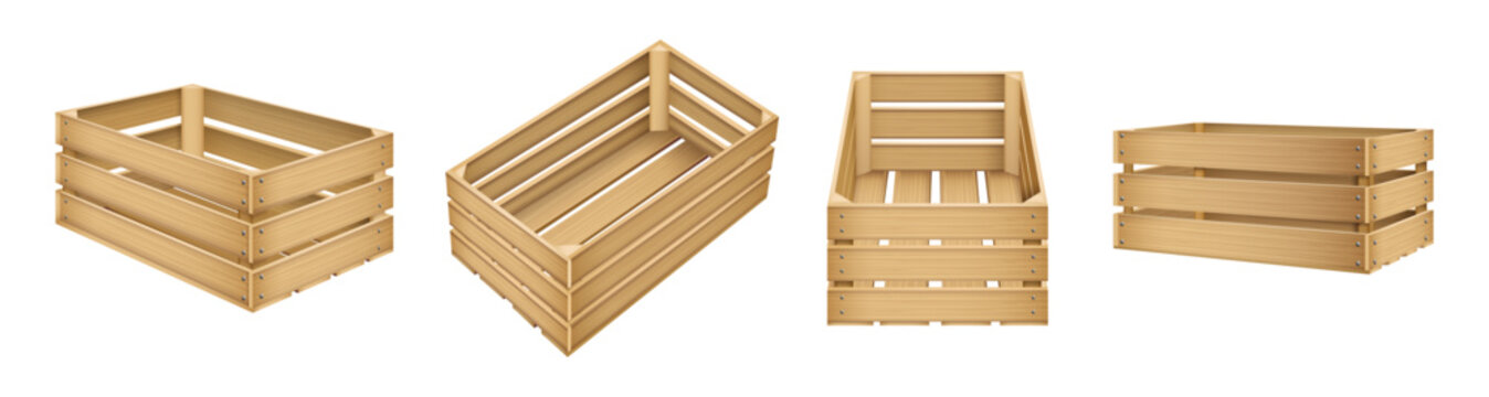Eco friendly wooden packaging box mockups. Vector isolated empty crate design with natural wood planks displayed in different angles. Realistic reusable farm storages and packs presentations