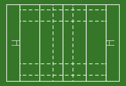 Rugby union field pitch layout top view illustration. Professional rugby pitch markings diagram on green grass background. Aerial view of a rugby stadium field with goal posts and lines.