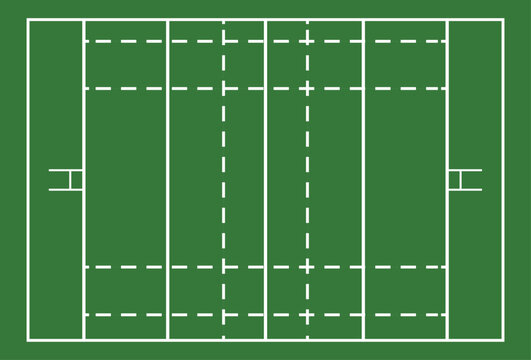 Rugby union field pitch layout top view illustration. Professional rugby pitch markings diagram on green grass background. Aerial view of a rugby stadium field with goal posts and lines.