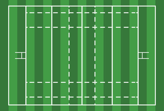 Rugby union field pitch layout top view illustration. Professional rugby pitch markings diagram on green grass background. Aerial view of a rugby stadium field with goal posts and lines.