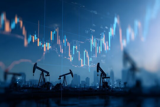 Silhouettes of oil pump jacks operating in field during blue hour overlaid with glowing digital stock market candlestick charts representing industrial performance and energy sector investment