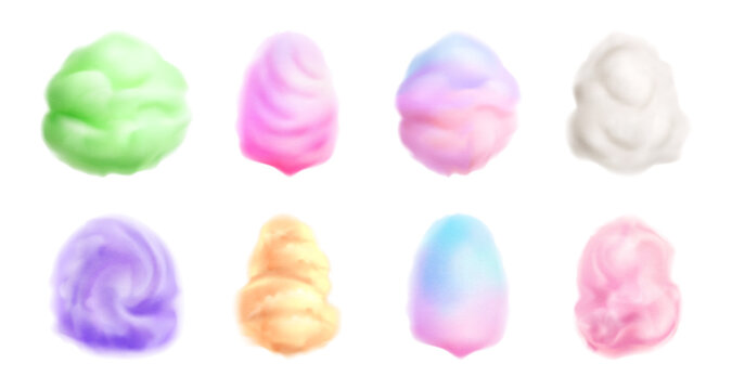 Airy cotton candy assortment set. Vector isolated candyflosses without sticks. Sugar texture confections rounded cloud shapes. Playful desserts collection, festive treats for amusement park