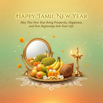 Vibrant Tamil New Year greeting with auspicious like a golden lamp, fruits, and flowers on a decorative rangoli pattern
