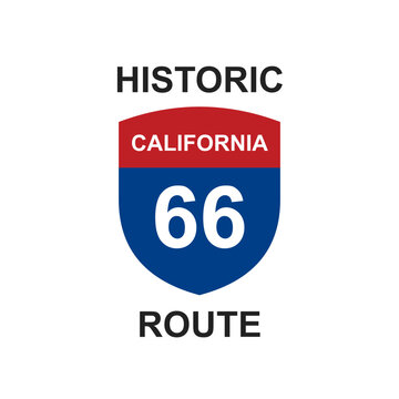 Historic Route 66 California sign with classic highway shield design, bold typography, and vintage Americana style. Perfect for travel themes, road trip graphics, retro decor, and navigation visuals.