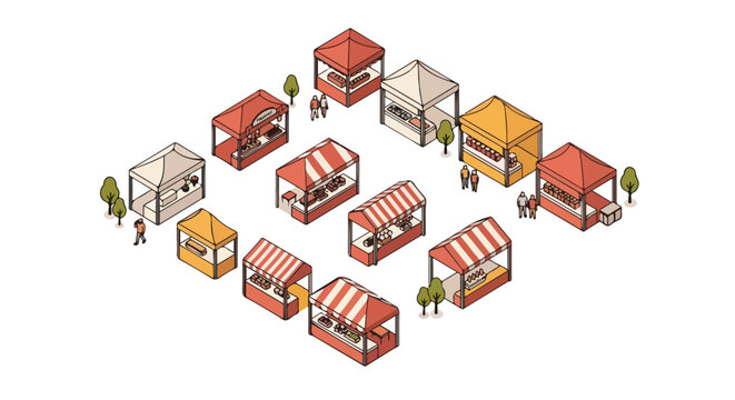 Isometric illustration of a vibrant outdoor street market with various food and retail stalls, people browsing, and trees, depicting a lively community event or festival.