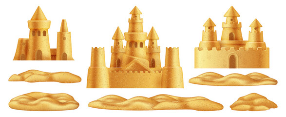 Castle compositions with piles of sands. Vector isolated realistic summer elements. Seaside vacation and handcrafted grain structures. Travel banner, holiday design or family leisure © Sensvector